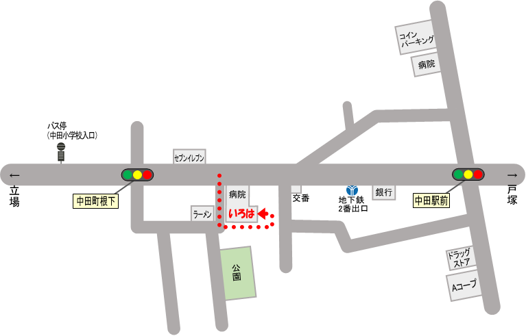 いろはパソコン教室までのアクセス地図（中田駅からの徒歩ルート）